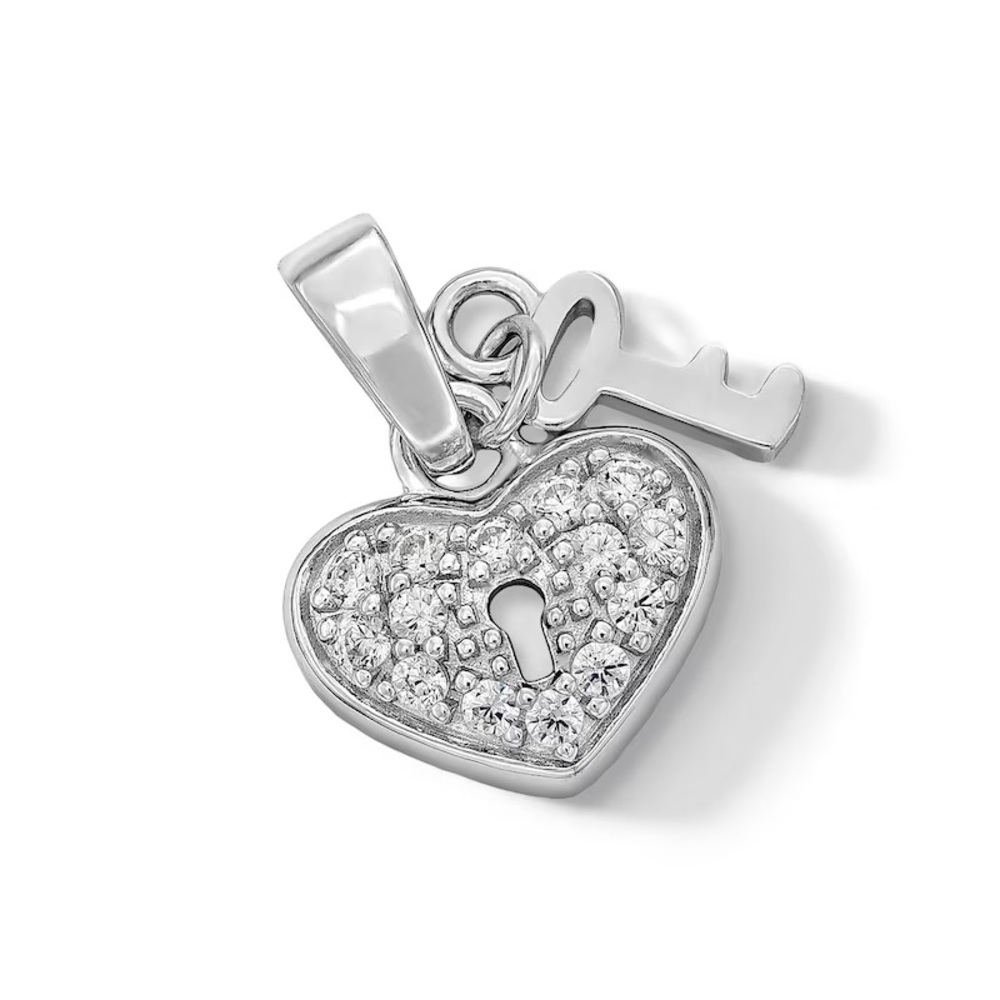 Sterling Silver Heart Lock & Key Pave Necklace Pendant